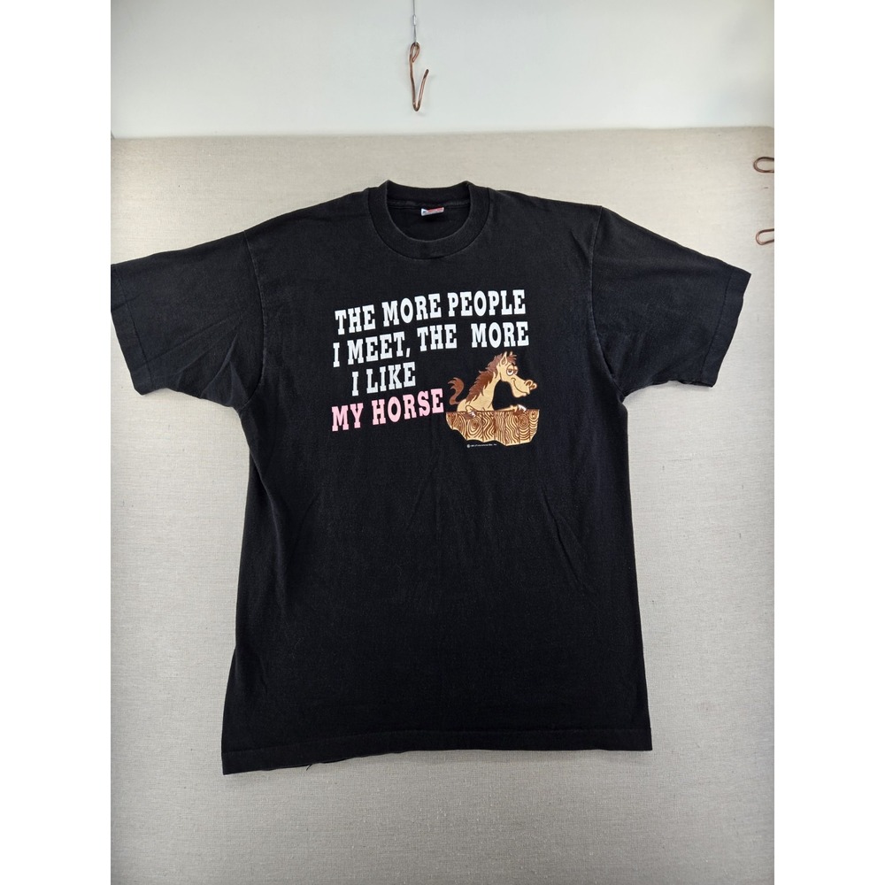 Vtg 90s Fruit of the Loom Horse T Shirt XL Single Stitch Made in USA Funny Black